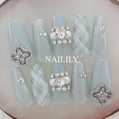 ネイルチップ キラキラ チェック ビジュー ガーリー 韓国
