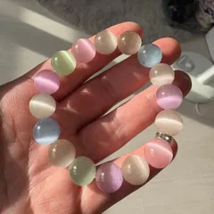 氷透マルチカラー　ブレスレット　猫目石　キャツアイ　人工石　光沢　猫目効果