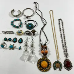 ★  インディアン ジュエリー風 アクセサリー 17点まとめ ターコイズ ネックレス リング ピアス ブローチ 等 現状品 0.3kg