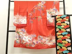 平和屋着物[]七五三　女の子　７歳　祝着　四つ身　丸帯セット　鈴舞蝶花文　金彩　洗える着物　CAAT6082ze