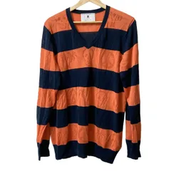 MARK&LONA(マークアンドロナ) 長袖セーター サイズL メンズ - オレンジ×ダークネイビー Vネック/ボーダー/スカル