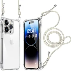 【人気商品】iPhone 14pro ケース クリア ショルダー 耐衝撃 レンズ保護 肩掛け 首かけ 斜めがけ 縄掛け カバー 調節可能な 透明 落下防止 縦/横 紛失防止 2WAY （ホワイト）