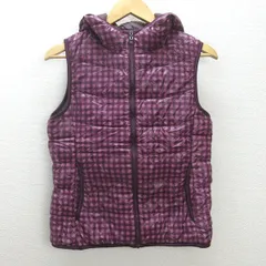 G■ユニクロ/UNIQLO ウルトラライトダウンベスト/ギンガムチェック柄 フーディ【M】紫/LADIES/v19【中古】■