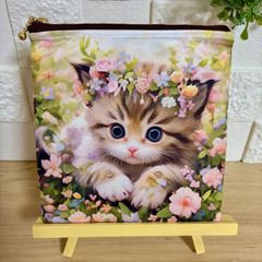 両面パネル 持ち手付き大きめポーチ 猫 - メルカリ