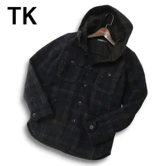 TK タケオキクチ 秋冬 ウール100％★ 中綿 チェック フーディー シャツ ジャケット Sz.M メンズ ネイビーのサムネイル