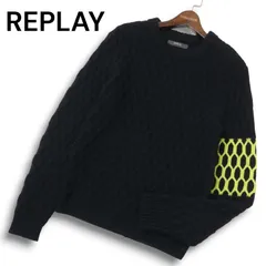 REPLAY リプレイ 秋冬 ウール★ デザイン編み 袖 アクセントカラー クルーネック ニット セーター Sz.S メンズ 黒