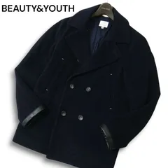 BEAUTY&YOUTH ユナイテッドアローズ 秋冬★ Fレザー使い カシミヤ混 メルトン ウール Pコート Sz.L メンズ ネイビー