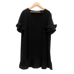 ザラ ZARA ワンピース ミニ丈 Vネック 半袖 フリル M 黒 ブラック /HO38