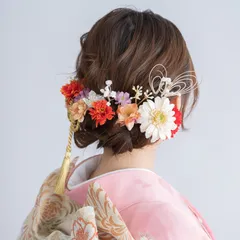 【2025年度 成人式振袖髪飾り人気No.1!! ダウンスタイルM】ドライフラワー風ヘッドドレス&組紐ゴールド&水引き金/ミディアム・ロングヘア卒業式袴/和装前撮り/結婚式白無垢/色打掛/ハーフ成人式＊