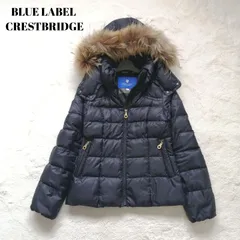 ブルーレーベルクレストブリッジ ダウンジャケット ネイビー ファー付 チェック ショート丈 36 ゴールド金具 ダウン90% 軽量 BLUE LABEL CRESTBRIDGE
