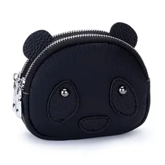【迅速発送】Yocipa かわいいパンダ 本革コインケース キーホルダー付き レディースダブルファスナーポーチ 鍵 小銭入れ可愛いレザー 小さい財布 ミニウォレット 軽量(黒色) 0