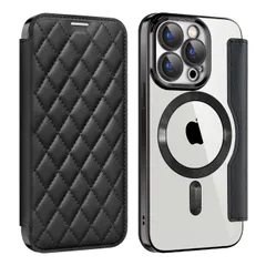 新品 iPhone 13 Pro Max 用 ケース 手帳型 クリア Magsafe対応 背面透明 キルティング 高級なPUレザー スマホケース ゴージャス カード収納 おしゃれ 人気財布型 格子柄 カバー アイフォン13 Pro Max 用 手帳カバー (i