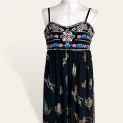 ♥️オットー Otto 黒 ゴールドラメ刺繍 ビジュー ビーズ 豪華装飾 カラフル ボタニカル ペイズリー ロングキャミワンピ M レディース 2837