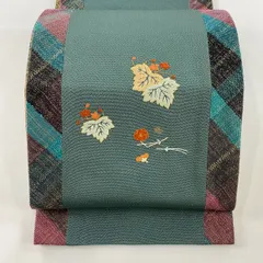 袋帯 秀品 葉柄 松梅 刺繍 金糸 灰緑 お太鼓柄 正絹 【中古】