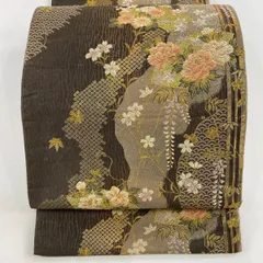 【美品】 袋帯 秀品 やまと 扇面 草花 刺繍 金糸 焦茶色 六通 正絹 【中古】