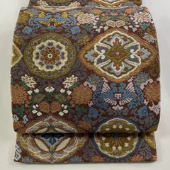 【美品】 袋帯 名品 華文 花鳥 唐織 箔 茶色 六通 正絹 【中古】