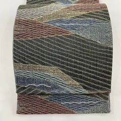 【美品】 袋帯 名品 波 幾何学 金銀糸 茶緑色 六通 正絹 【中古】