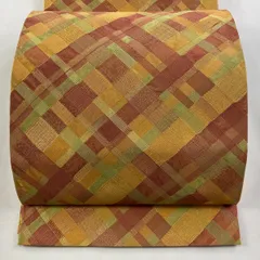 【美品】 袋帯 秀品 斜め格子 金糸 オレンジ 全通 正絹 【中古】