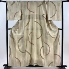 【美品】 小紋 身丈158cm 裄丈66cm M 袷 竹 縦縞 ベージュ 正絹 秀品 【中古】