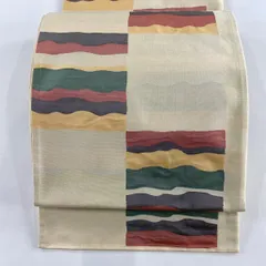 【美品】 袋帯 名品 木屋太 落款 市松 よろけ縞 ベージュ 六通 正絹 【中古】
