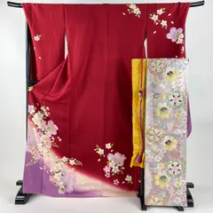 【美品】 振袖 身丈172.5cm 裄丈71cm L 袷 袋帯フルセット 桜 花びら 金彩 ぼかし 赤 正絹 名品 【中古】