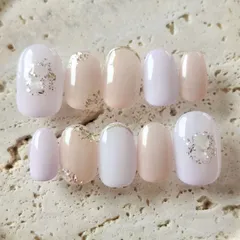 【No.03】ピーチピンクネイル　ネイルチップ　サイズオーダー　マグネット　ミラー　ニュアンス　うるうる　パープル　ゴールドパール　上品