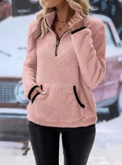 【ピンク】レディース ボア フリース プルオーバー ハーフジップ もこもこ ふわもこ トップス 暖か パーカー カジュアル 秋冬 防寒 シンプル かわいい