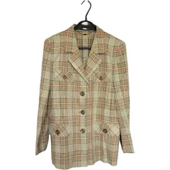 RE329 【レリアン/Leilian】ウール混　ジャケット【サイズ11】茶色　日本製 麻 チェック シングルボタン