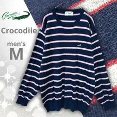 【即決ご希望額はコメントへ】 美品　クロコダイル　カシミヤ混　ストライプ　ニット　セーター　ネイビー　Ｍ　長袖　トップス　プルオーバー　ユニセックス　クルーネック　丸首　ボーダー　マルチボーダー　トリコロール　きれいめ　大人　ロゴ　ワンポイント　上質　ラコステ