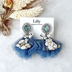 #925大ぶり/インド刺繍リボン/チュール/シルバー/ビーズ刺繍／ハンドメイドピアスイヤリング