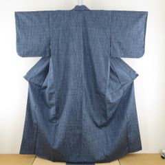 A◇着物くつろぎ 単衣 縦縞模様 ストライプ 紺色 紬 正絹 小紋 着物121