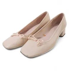 ザラ ZARA パンプス リボン スクエアトゥ ピンク 38 レザー調