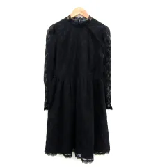 ユニバーバル ミューズ UNIVERVAL MUSE ワンピース ひざ丈 長袖 ハイネック 総レース シースルー 黒 ブラック 紺 ネイビー /SY9