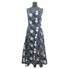 美品 LAURA ASHLEY ローラアシュレイ ノースリーブ ワンピース ドレス カットソー 刺繍 花柄 サイズ7 紺 ネイビー レディース 古着 中古 USED