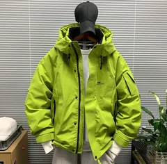 《全新未使用》高品質 フード付きダウンジャケット メンズ 冬の新作 カジュアル ルーズフィット 高街 ワークスタイル 保温ジャケット(K)【蛍光グリーン】