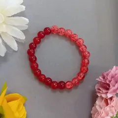 レッド2種ビーズブレスレット（16cm）／クラッシュ＆クリア質感・ハンドメイド