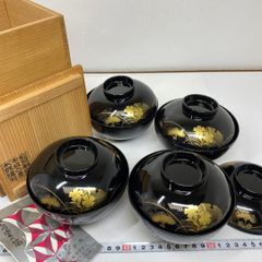 ほぼ未使用 懐石道具 木製黒真塗 金彩風景蒔絵 吸物椀5客揃 見返し蒔絵