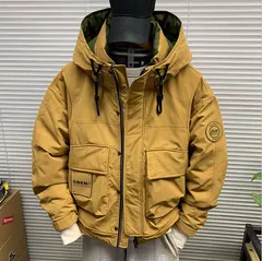 《新品未使用》冬の新作ワークウェア風ダウンジャケット メンズ フード付き カジュアル ルーズ フィット トレンド ブランド 厚手 保温 アウトドア ジャケット(K)【カーキ】