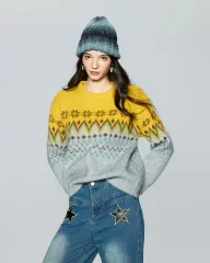 新品 ノルディックジャカード スノーフレークモヘアニット アーガイルヴィンテージレイヤード冬セーター