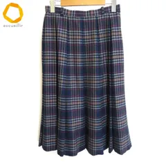 #w レリアン Leilian フレアー スカート 9号 紺 白 マルチ チェック フレア ウール 毛 100% 日本製 レディース [972636] k01