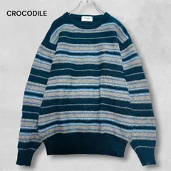 クロコダイル CROCODILE ロゴワッペン ワニ ストライプ ニット セーター クルーネック ネイビー L