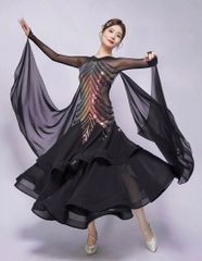 スパンコール】新品 紺 花柄レース ステージ社交ダンス用ワンピース