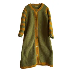 RE244 Jocomomola ホコモモラ ボアロングカーディガン カーキ×マスタード ボーダースリーブ レディースM〜Lサイズ