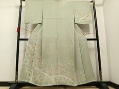 平和屋着物＊夏物 九寸名古屋帯 流水草葉文 黒地 銀糸 正絹 逸品