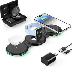 【折りたたみ/LEDランプ付き】 ADADPU 3in1 ワイヤレス充電器 (18W出力 QC3.0電源アダプター付属) MagSafe対応 15W出力 iPhone 16/15/14/13/12 Apple Watch 10/9/8/7/6シリーズ Airpのサムネイル
