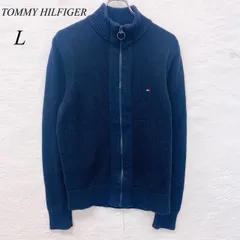 e5885 【トミーヒルフィガー】 メンズ L ネイビー ファスナー付き ニット セーター 長袖 カジュアル シンプル 無地 コットン100%