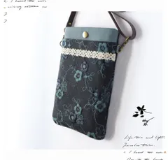 刺繍×レースのスマホポーチ ブラック×ダークブルーグリーン スマホショルダー ポシェット サコッシュ ハンドメイド