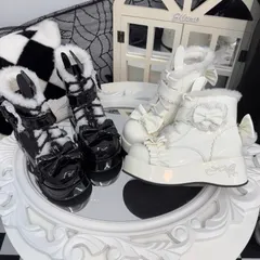 地雷系 厚底 ブーツ うさ耳 リボン レースアップ ショートブーツ 病みかわいい ガーリー ゴスロリ 原宿系 ブラック ホワイト ファー付き 秋冬 韓国ファッション レディース 靴 量産型 可愛い 厚底シューズ