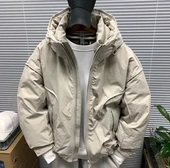 《全新未使用》冬季新作 高品質 フード付きダウンジャケット メンズ カジュアル ワイドフィット タウンウェア 防風 ダウンコート (K)【ベージュ】