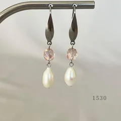 淡水パール・雫＆クリスタル・ピーチ　ピアス　・・✽・・　〈サージカルステンレス　フック〉